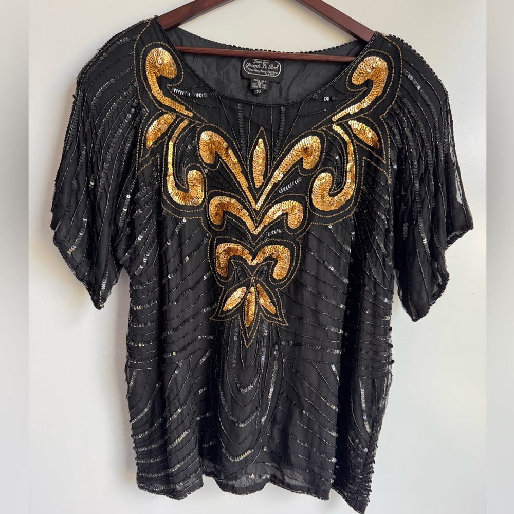 Vintage Jean Joseph Le‎ Bon 100% Silk Black Sequin cosplay Women XL G sparkle